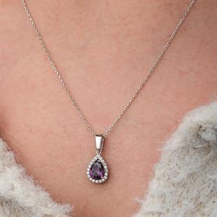 Gümüş Damla Mor Taşlı Kadın Kolye