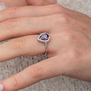 Gümüş Damla Mor Taşlı Kadın Yüzük