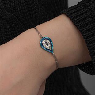 Hk Gümüş Kadın Bileklik Damla Nazar |Gümüş Takı Hediyelik Ürünler