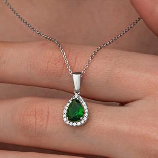 Gümüş Damla Zümrüt Taşlı Kadın Kolye