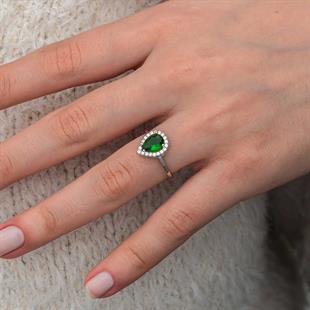 Gümüş Damla Zümrüt Taşlı Kadın Yüzük