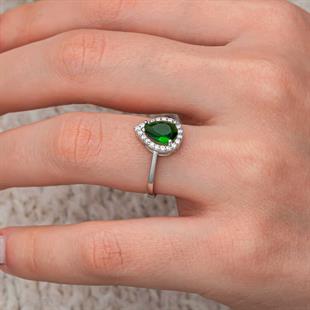 Gümüş Damla Zümrüt Taşlı Kadın Yüzük