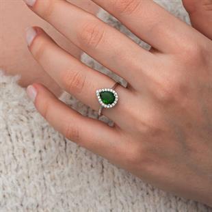 Gümüş Damla Zümrüt Taşlı Kadın Yüzük