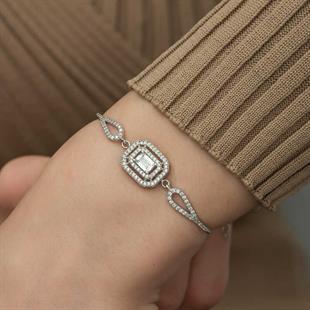 Hk ​Gümüş Kadın Bileklik Dikdörtgen Baget |Gümüş Takı Hediyelik Ürünler