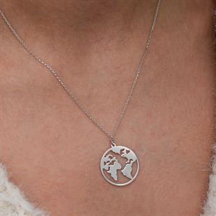 Hk Gümüş Kadın Kolye Dünya |Gümüş Takı Hediyelik Ürünler