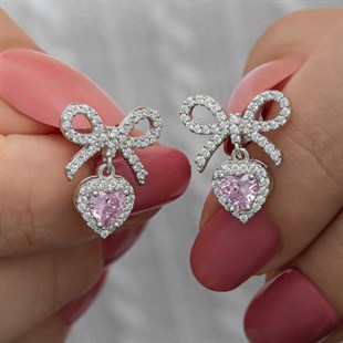 Hk Gümüş Fiyonk Pembe Taşlı Kalpli Çivili Kadın Küpe | Gümüş Takı Hediyelik Ürünler