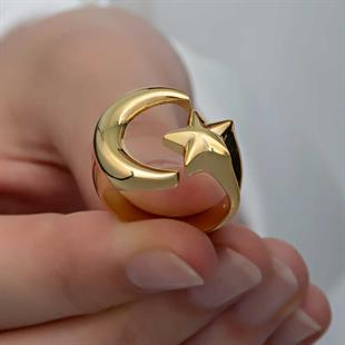 Hk Gümüş Kadın Yüzük Gold Ay Yıldız |Gümüş Takı Hediyelik Ürünler
