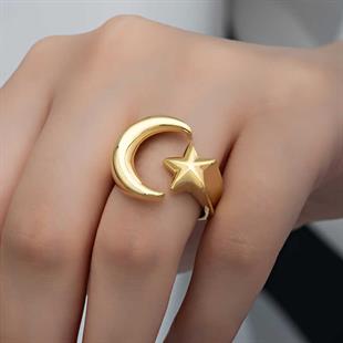 Hk Gümüş Kadın Yüzük Gold Ay Yıldız |Gümüş Takı Hediyelik Ürünler
