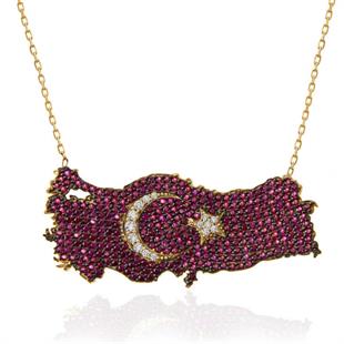 Hk Gümüş Kadın Kolye Gold Ay Yıldız Türkiye Haritası |Gümüş Takı Hediyelik Ürünler