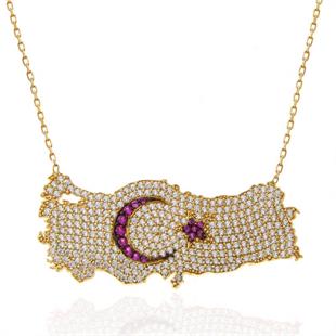 Hk Gümüş Kadın Kolye Gold Ay Yıldız Türkiye Haritası |Gümüş Takı Hediyelik Ürünler