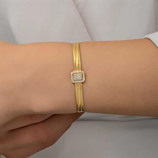 Hk Gümüş Kadın Bileklik Gold Baget Taşlı Trabzon Hasır |Gümüş Takı Hediyelik Ürünler