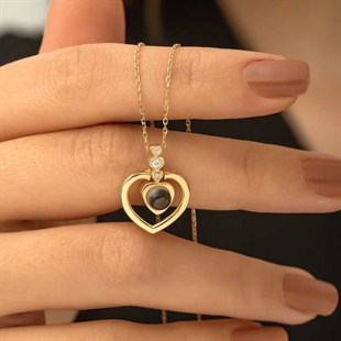 Hk Gümüş Gold Kalp 100 Dilde Seni Seviyorum Kolye | Gümüş Takı Hediyelik Ürünler