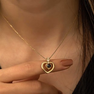 Hk Gümüş Gold Kalp 100 Dilde Seni Seviyorum Kolye | Gümüş Takı Hediyelik Ürünler