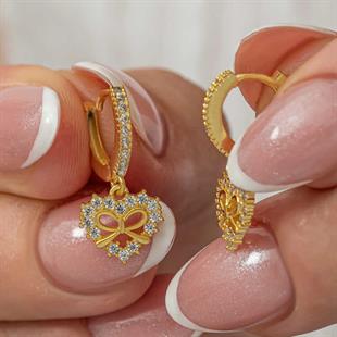 Hk Gümüş Kadın Küpe Gold Kalp Kurdele Sallantılı |Gümüş Takı Hediyelik Ürünler