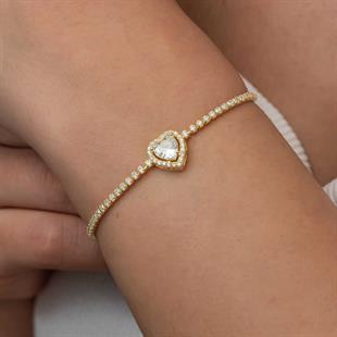 Hk Gümüş Kadın Bileklik Gold Kalpli Su Yolu|Gümüş Takı Hediyelik Ürünler