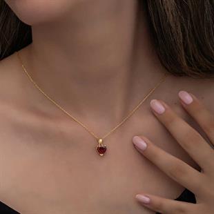 Hk Gümüş Kadın Kolye Gold Kırmızı Taşlı Kalpli |Gümüş Takı Hediyelik Ürünler