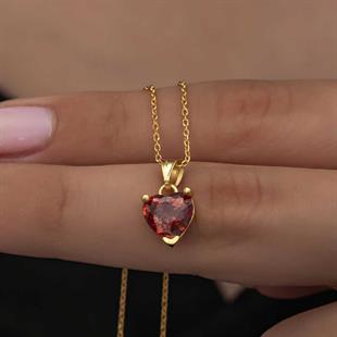 Hk Gümüş Kadın Kolye Gold Kırmızı Taşlı Kalpli |Gümüş Takı Hediyelik Ürünler