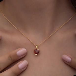 Hk Gümüş Kadın Kolye Gold Kırmızı Taşlı Kalpli |Gümüş Takı Hediyelik Ürünler