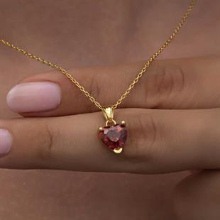 Hk Gümüş Kadın Kolye Gold Kırmızı Taşlı Kalpli |Gümüş Takı Hediyelik Ürünler