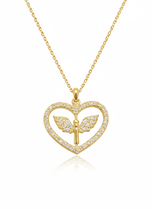 Hk ​Gümüş Kadın Kolye Gold Mikail Meleği Figürlü Kalp |Gümüş Takı Hediyelik Ürünler