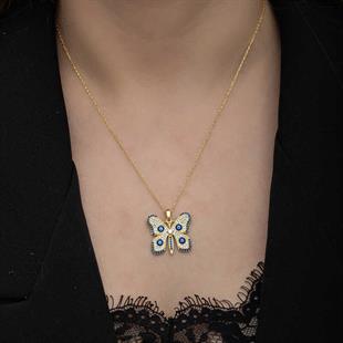 Hk Gümüş Kadın Kolye Gold Nazarlı Kelebek |Gümüş Takı Hediyelik Ürünler