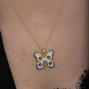 Hk Gümüş Kadın Kolye Gold Nazarlı Kelebek |Gümüş Takı Hediyelik Ürünler