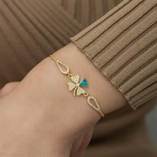 Hk Gümüş Kadın Bileklik Gold Nazarlı Yonca |Gümüş Takı Hediyelik Ürünler