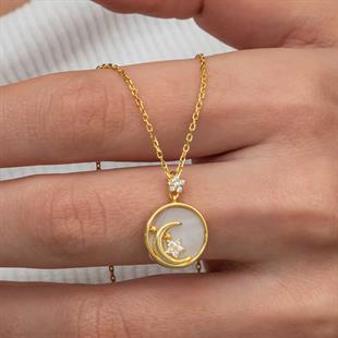 Hk Gümüş Kadın Kolye Gold Sedef Taşlı Ay Yıldız Hilal |Gümüş Takı Hediyelik Ürünler