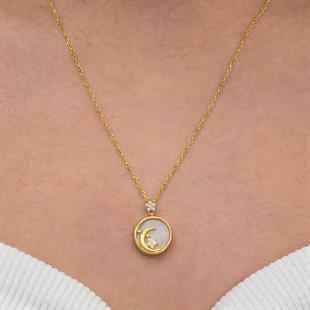 Hk Gümüş Kadın Kolye Gold Sedef Taşlı Ay Yıldız Hilal |Gümüş Takı Hediyelik Ürünler