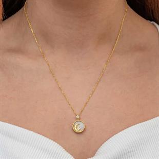 Hk Gümüş Kadın Kolye Gold Sedef Taşlı Ay Yıldız Hilal |Gümüş Takı Hediyelik Ürünler