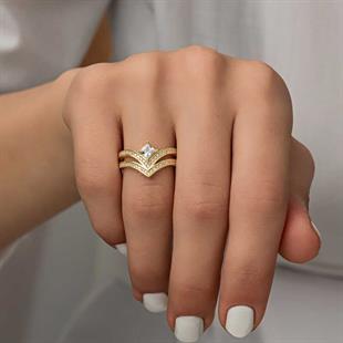 Hk Gümüş Kadın Yüzük Gold Tek Taş |Gümüş Takı Hediyelik Ürünler