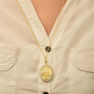 Gümüş Gold Tuğralı Oval Bayan Kolye