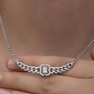 Gümüş Gurmet Zincirli Baget Taşlı Kadın Kolye