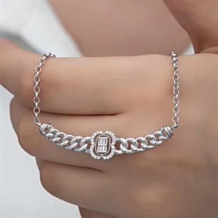 Gümüş Gurmet Zincirli Baget Taşlı Kadın Kolye