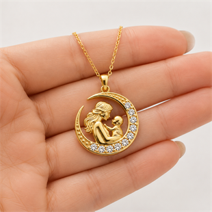 Hk Gümüş Hilal İçinde Anne Bebek Figürlü Gold Kolye | Gümüş Takı Hediyelik Ürünler