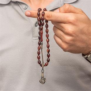 Gümüş Kahverengi Kazaz Püsküllü Sıkma Kehribar Tesbih