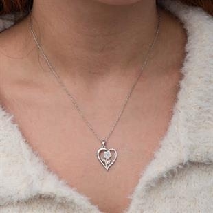 Hk Gümüş Kadın Kolye Kalpli Beyaz Gül |Gümüş Takı Hediyelik Ürünler