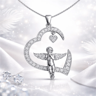 Hk Gümüş Kalpli Melek Kadın Kolye|Gümüş Takı Hediyelik Ürünler