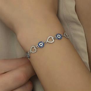 Hk Gümüş Kadın Bileklik Kalpli Nazar |Gümüş Takı Hediyelik Ürünler