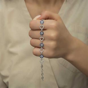 Hk Gümüş Kadın Bileklik Kalpli Nazar |Gümüş Takı Hediyelik Ürünler