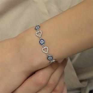 Hk Gümüş Kadın Bileklik Kalpli Nazar |Gümüş Takı Hediyelik Ürünler