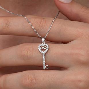 Hk Gümüş Kadın Kolye Kalpli Sonsuzluk Anahtar |Gümüş Takı Hediyelik Ürünler