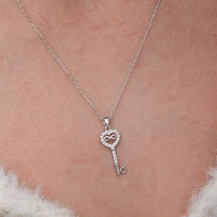 Hk Gümüş Kadın Kolye Kalpli Sonsuzluk Anahtar |Gümüş Takı Hediyelik Ürünler