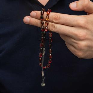 Gümüş Kazaz Püsküllü Sarı Siyah Kırmızı Sıkma Kehribar Tesbih