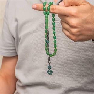 Gümüş Kazaz Püsküllü Yeşil Sıkma Kehribar Tesbih