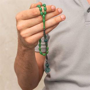 Gümüş Kazaz Püsküllü Yeşil Sıkma Kehribar Tesbih