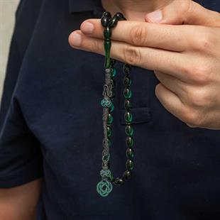 Hk Sıkma Kehribar Yeşil Tesbih Gümüş Kazaz Püsküllü  |Gümüş Takı Hediyelik Ürünler