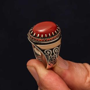 Hk Gümüş Erkek Yüzük Kırmızı Akik Taşlı Desenli |Gümüş Takı Hediyelik Ürünler