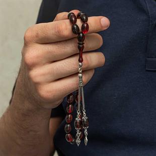 Hk Sıkma Kehribar Kırmızı Siyah Ateş Tesbih Gümüş Püsküllü |Gümüş Takı Hediyelik Ürünler