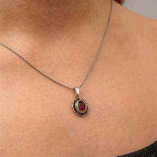 Hk Gümüş Kadın Kolye Kırmızı Taşlı Çiçek Model |Gümüş Takı Hediyelik Ürünler